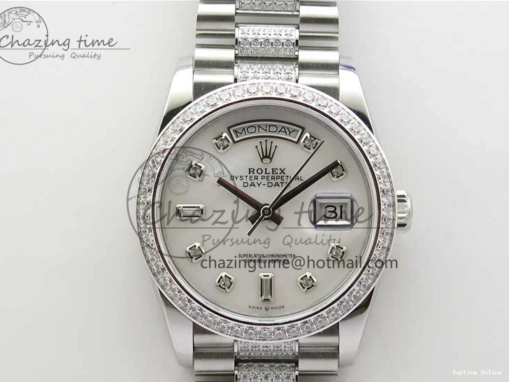 0516 Day-Date 36mm 128239 SS Crystal BP Best Edition White MOP Crystal Marker Dial on SS President Bracelet A MoistureWicking 2682